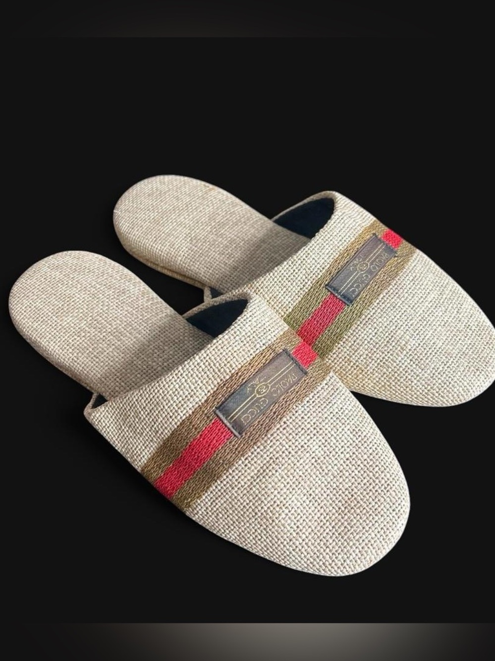 Paolo Gucci Vintage Woven Straw Raffia Slide Slippers with Signature Web Stripe